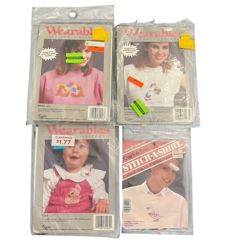 Lot Of 4 Cross Stitch Wearables Pattern Kits‎ Golden Bee Bears Ducks Goose NIP